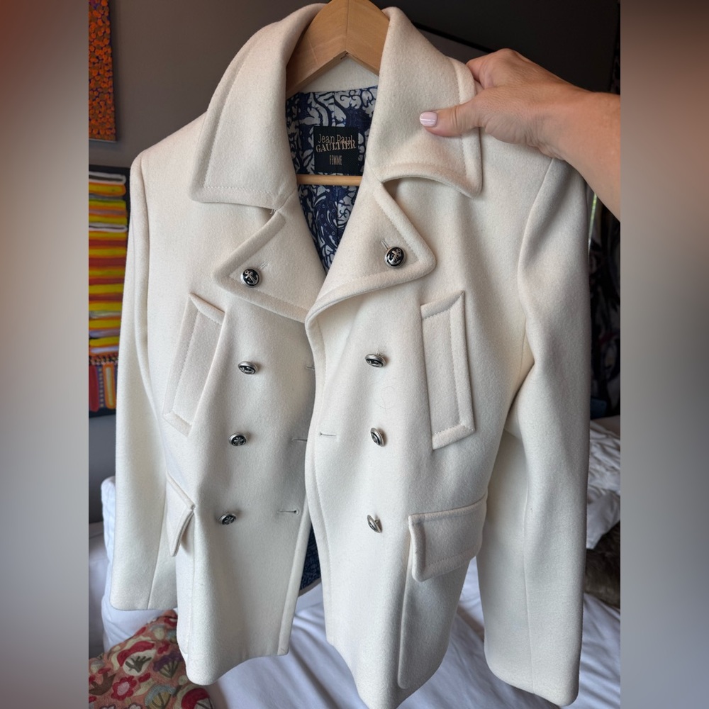 Vintage Jean Paul Gaultier white wool Double-Breasted Peacoat US10 flawless